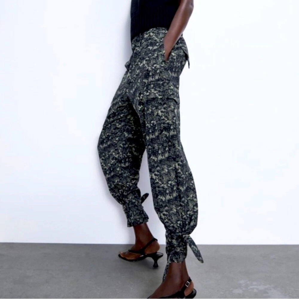 New Zara $69 Camo Print Cargo Pants with Ankle Ties Medium 4387/041